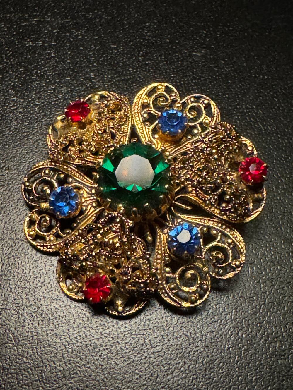 Vintage Czechoslovakia Filigree Red Green Blue Rhinestone Brooch